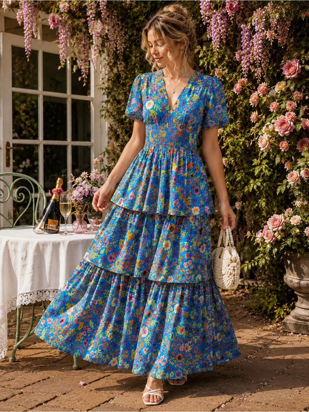 Briton Court Floral Cotton Maxi Dress XS Blue Boho Cottagecore NWT